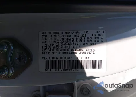 2015 Acura Rdx из США, поврежденный, VIN 5J8TB3H58FL008767